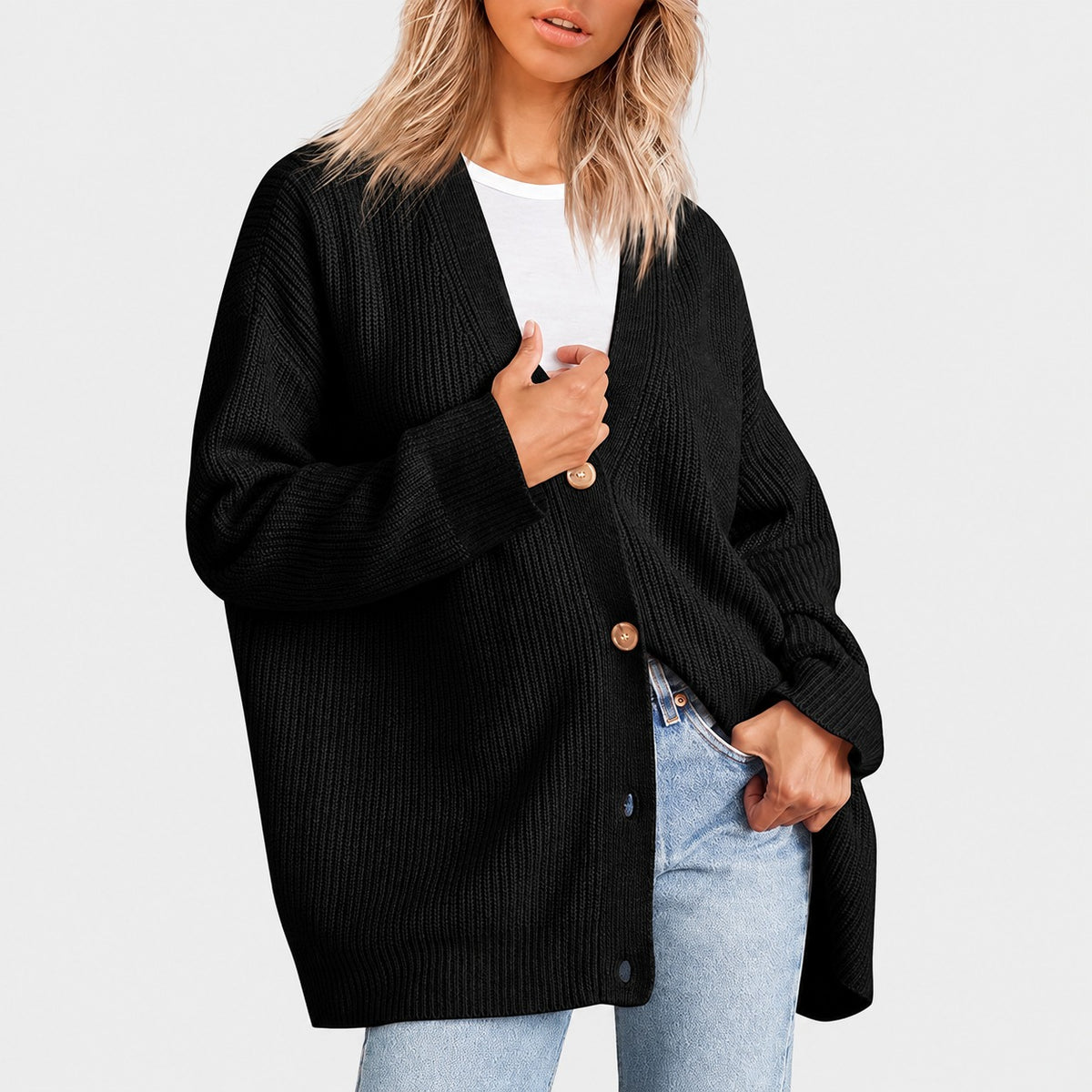 Cardigan mujer con escote en V y cierre de botones de corte oversize
