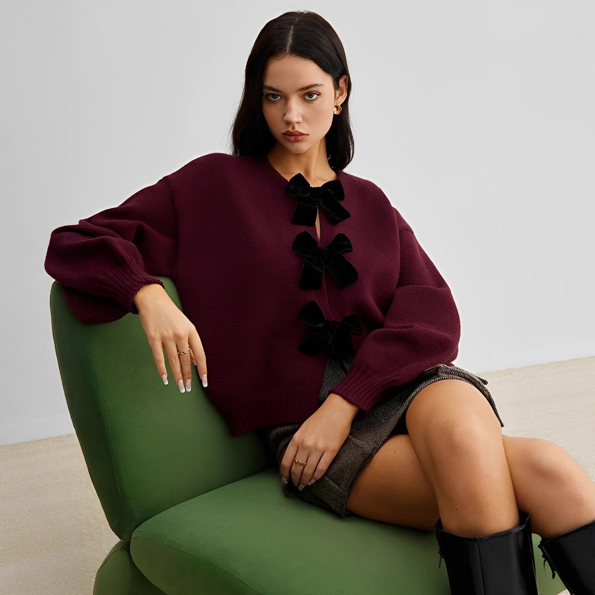 Cardigan mujer con mangas farol y lazo decorativo en el frente