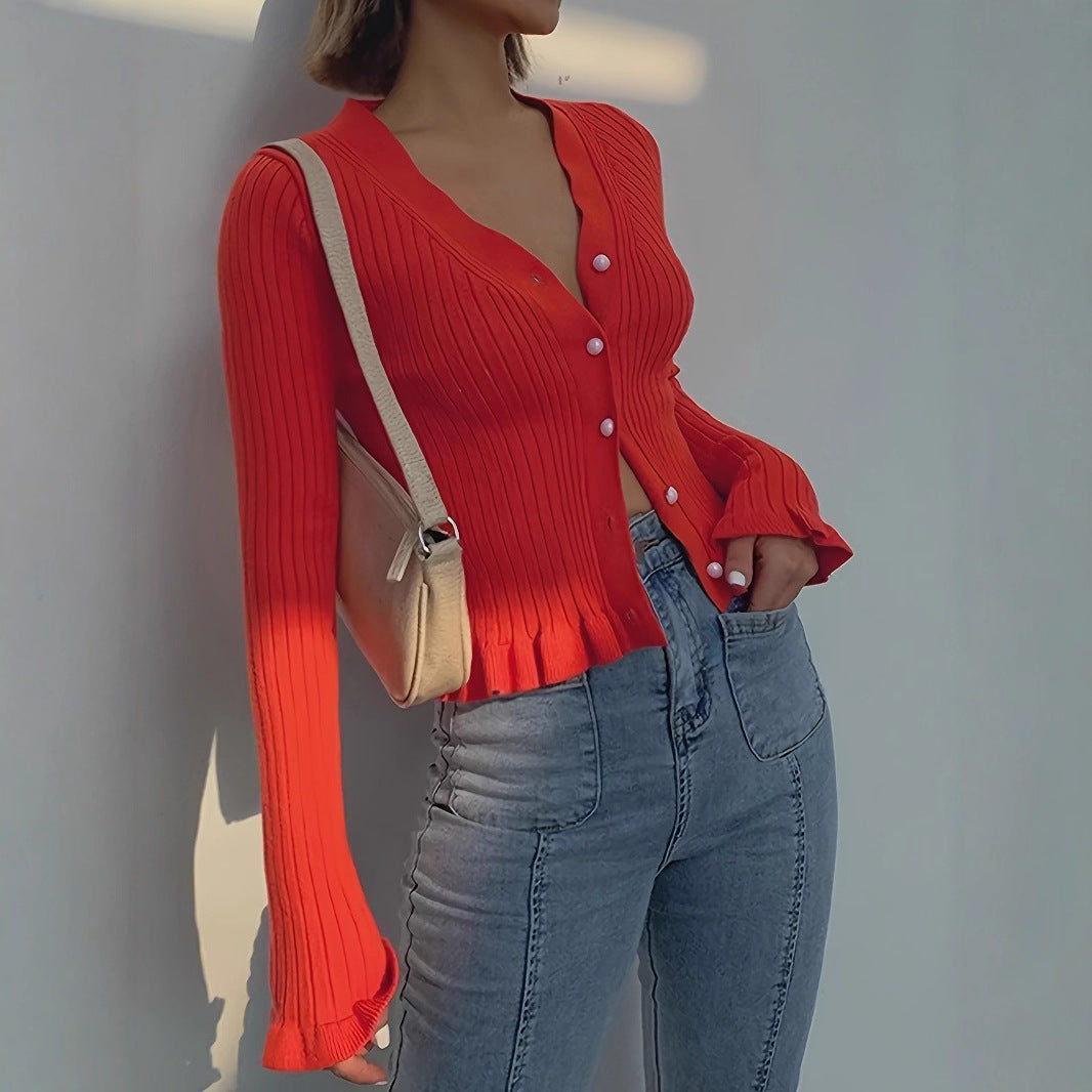Cardigan mujer de manga larga con botones y cuello en V ajustado