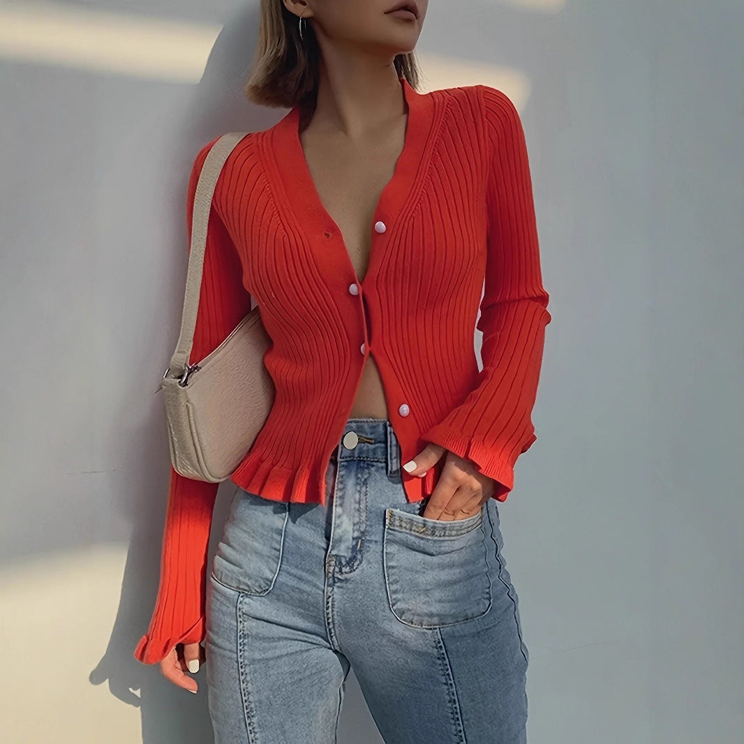 Cardigan mujer de manga larga con botones y cuello en V ajustado