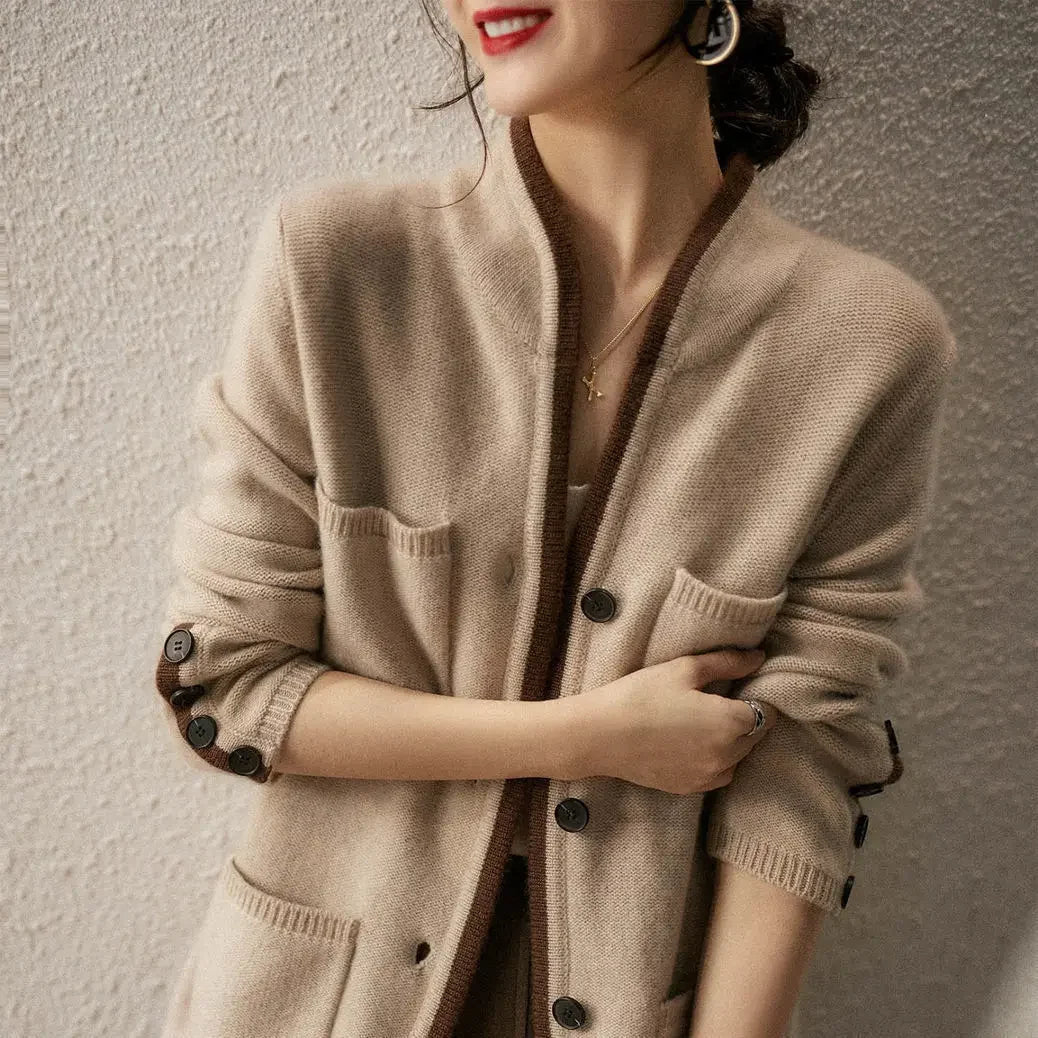 Cardigan para mujer - Cierre de botones con bolsillos y ribete en contraste