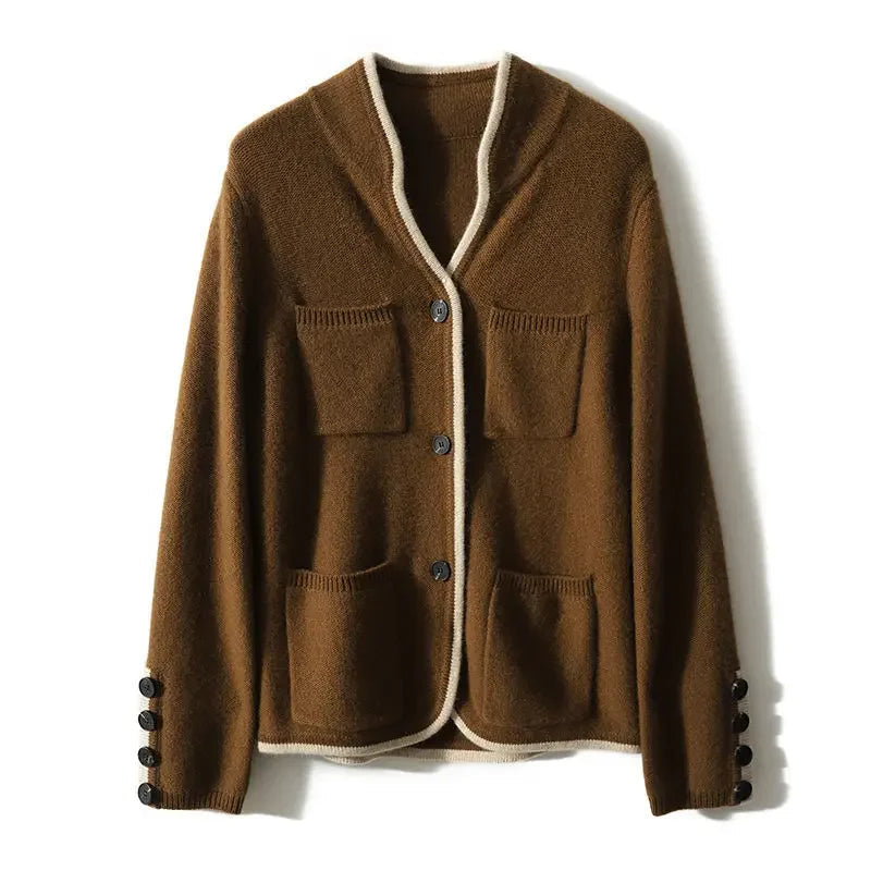 Cardigan para mujer - Cierre de botones con bolsillos y ribete en contraste