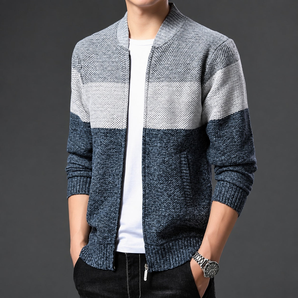 Cazadora bomber para hombre con cierre de cremallera y diseño en bloques de color ajuste regular