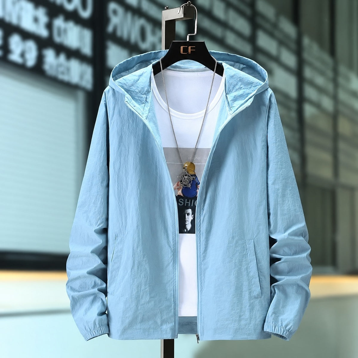 Chaqueta con capucha para hombre ligera y transpirable con cierre de cremallera