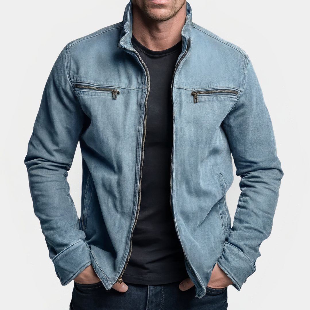 Chaqueta con cierre de cremallera para hombre con cuello stand-up y bolsillos en el pecho