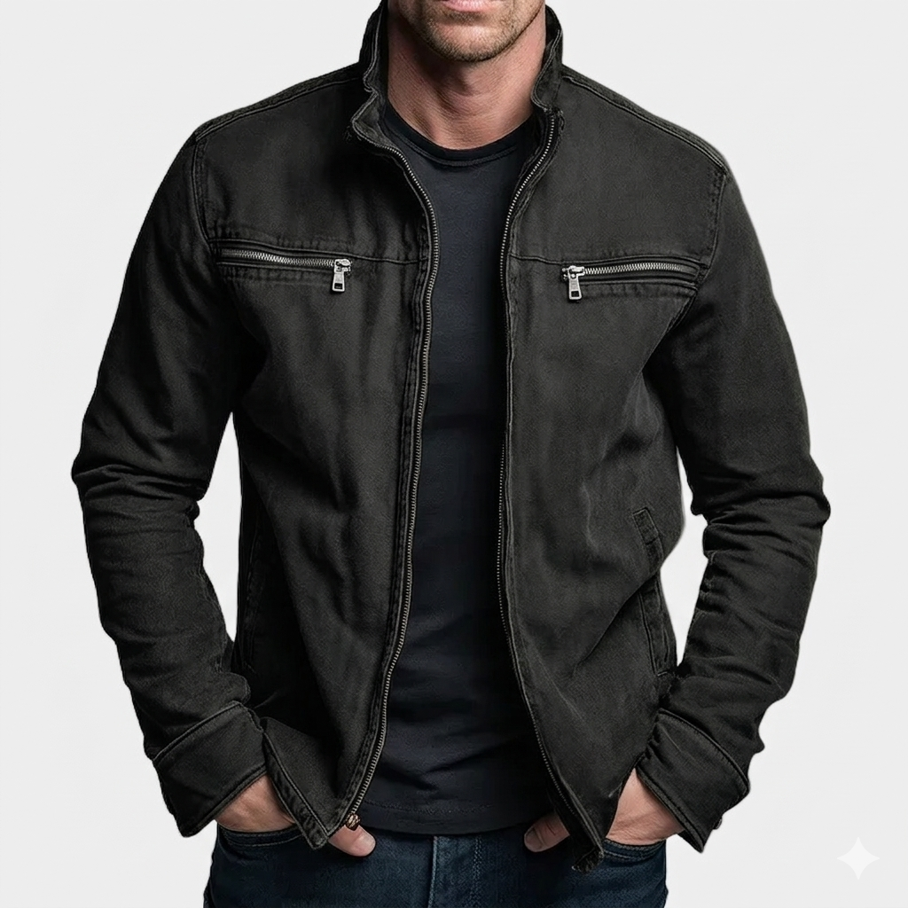Chaqueta con cierre de cremallera para hombre con cuello stand-up y bolsillos en el pecho