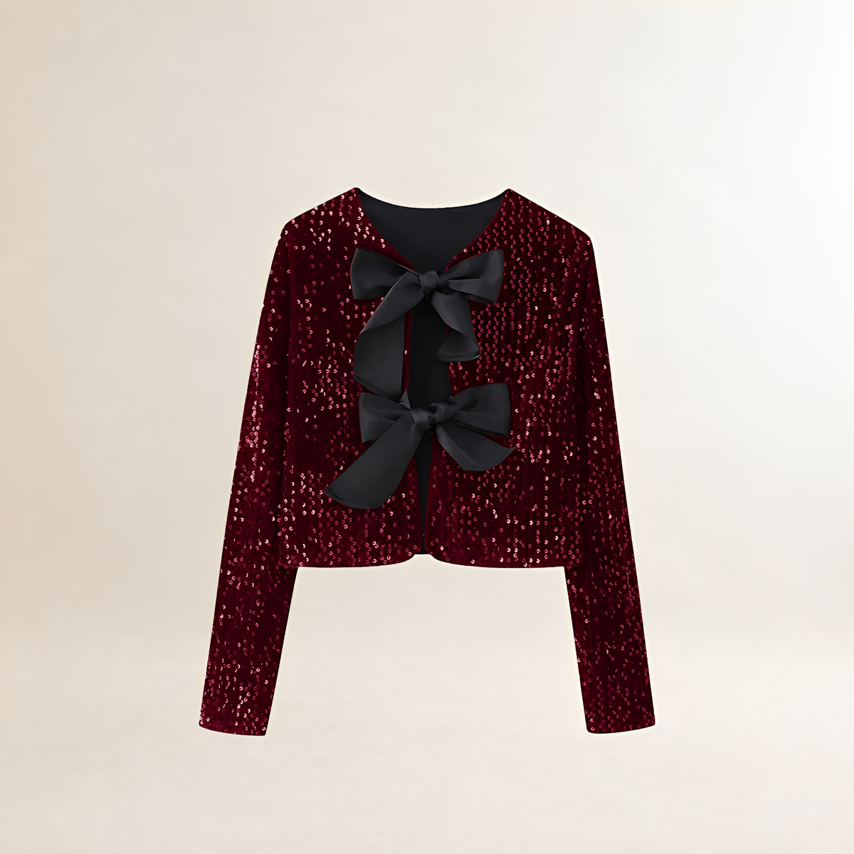 Chaqueta para mujer con lentejuelas, lazo en la parte delantera, manga larga y corte cropped
