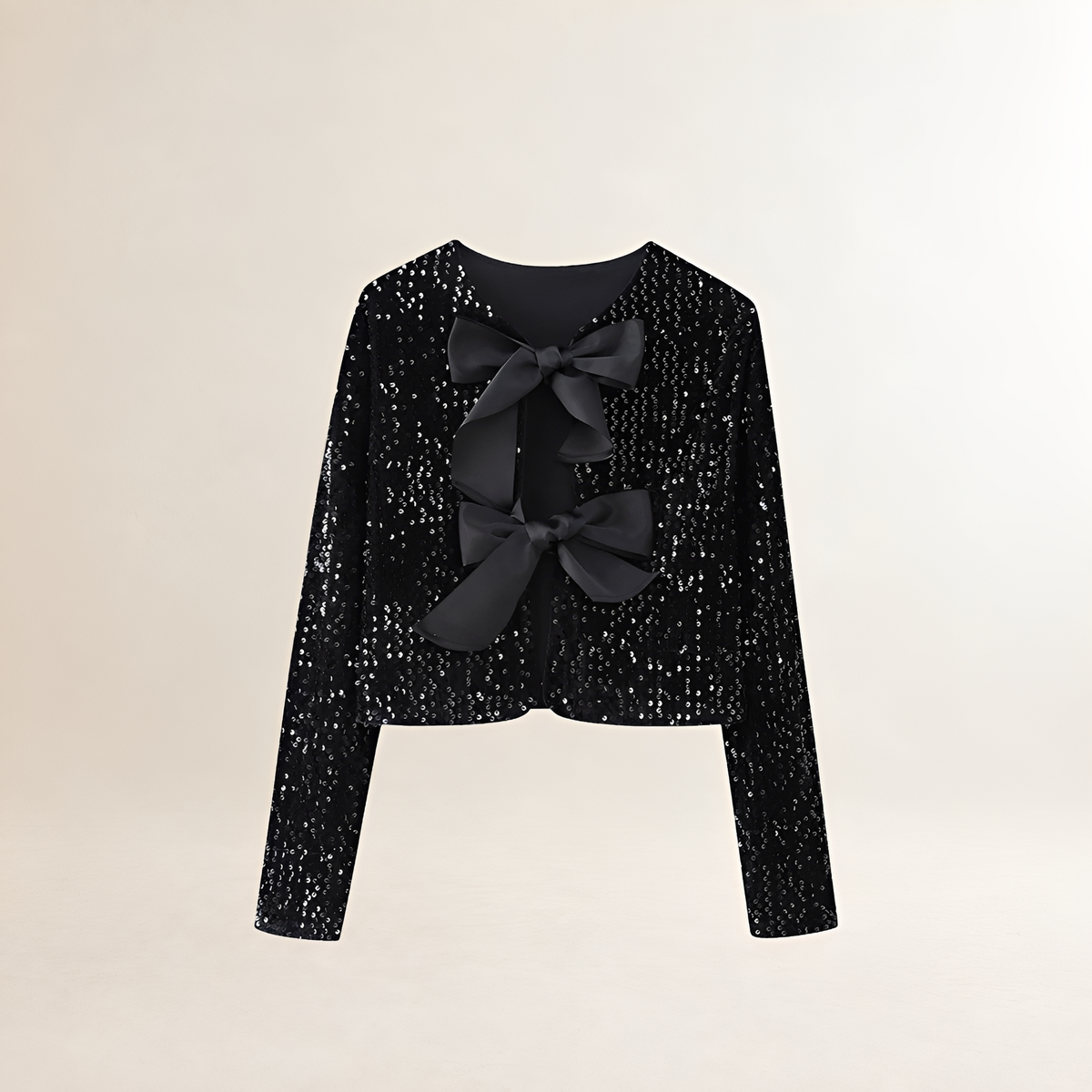 Chaqueta para mujer con lentejuelas, lazo en la parte delantera, manga larga y corte cropped