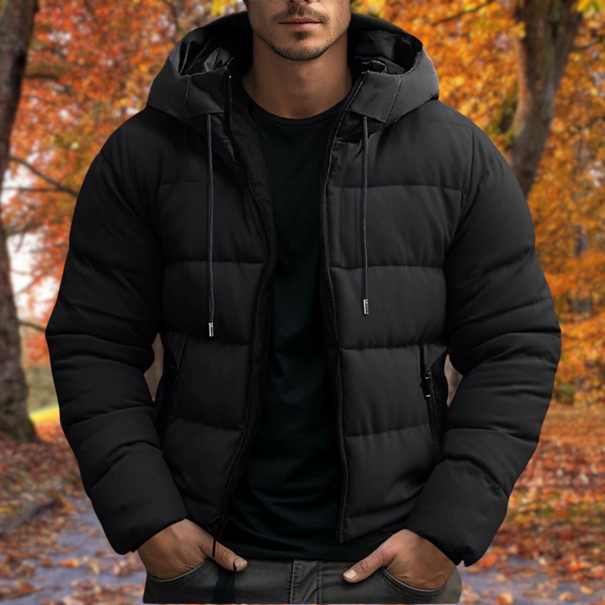 Chaqueta puffer con capucha hombre con cierre de cremallera y bolsillos laterales