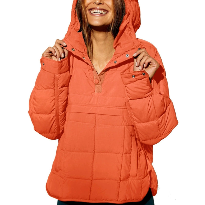 Chaqueta puffer para mujer con capucha, cierre de botones y diseño acolchado ligero