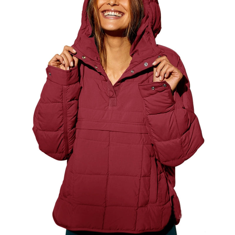 Chaqueta puffer para mujer con capucha, cierre de botones y diseño acolchado ligero