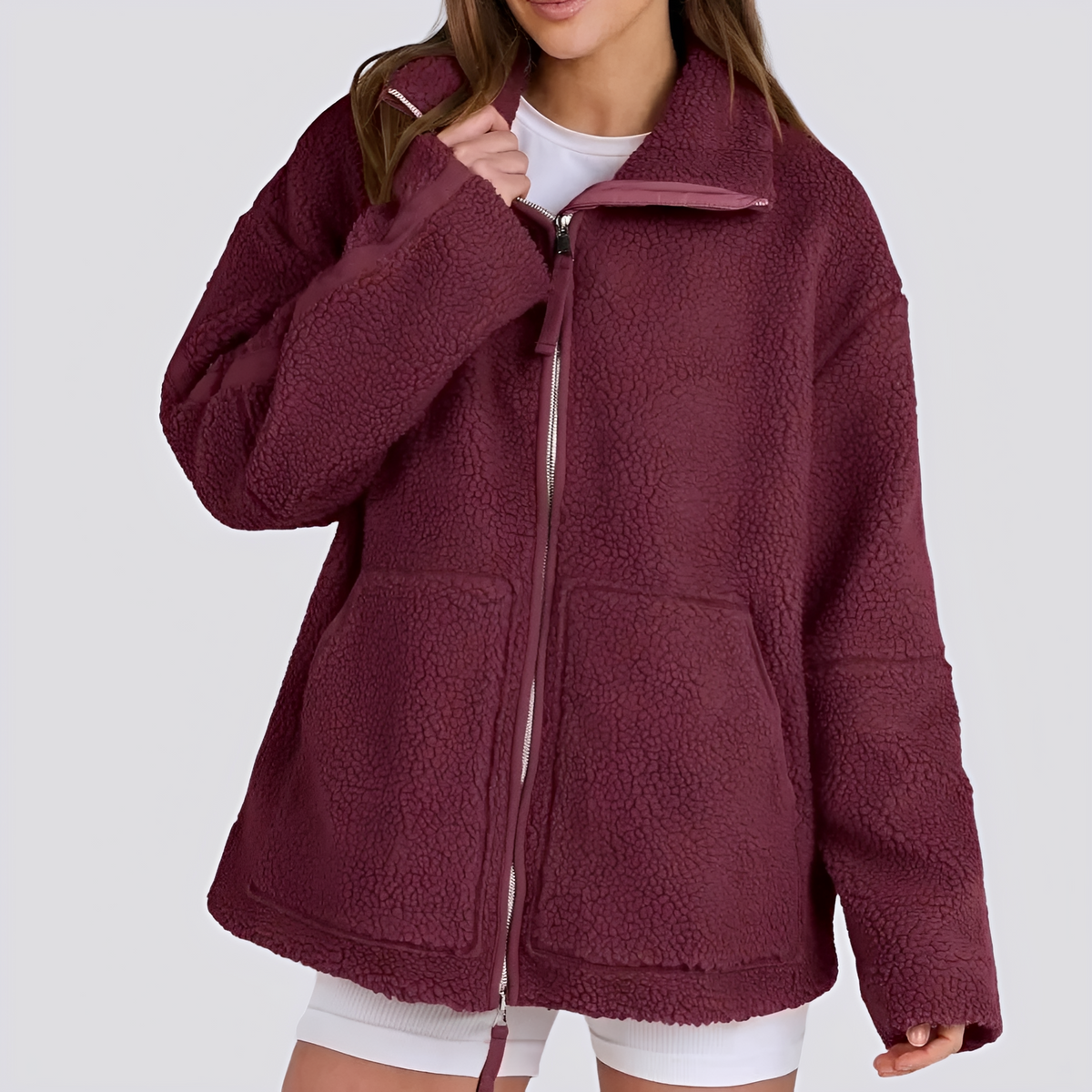 Chaqueta teddy para mujer de corte oversize con cierre de cremallera y bolsillos