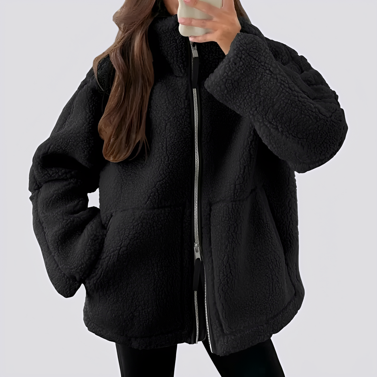 Chaqueta teddy para mujer de corte oversize con cierre de cremallera y bolsillos