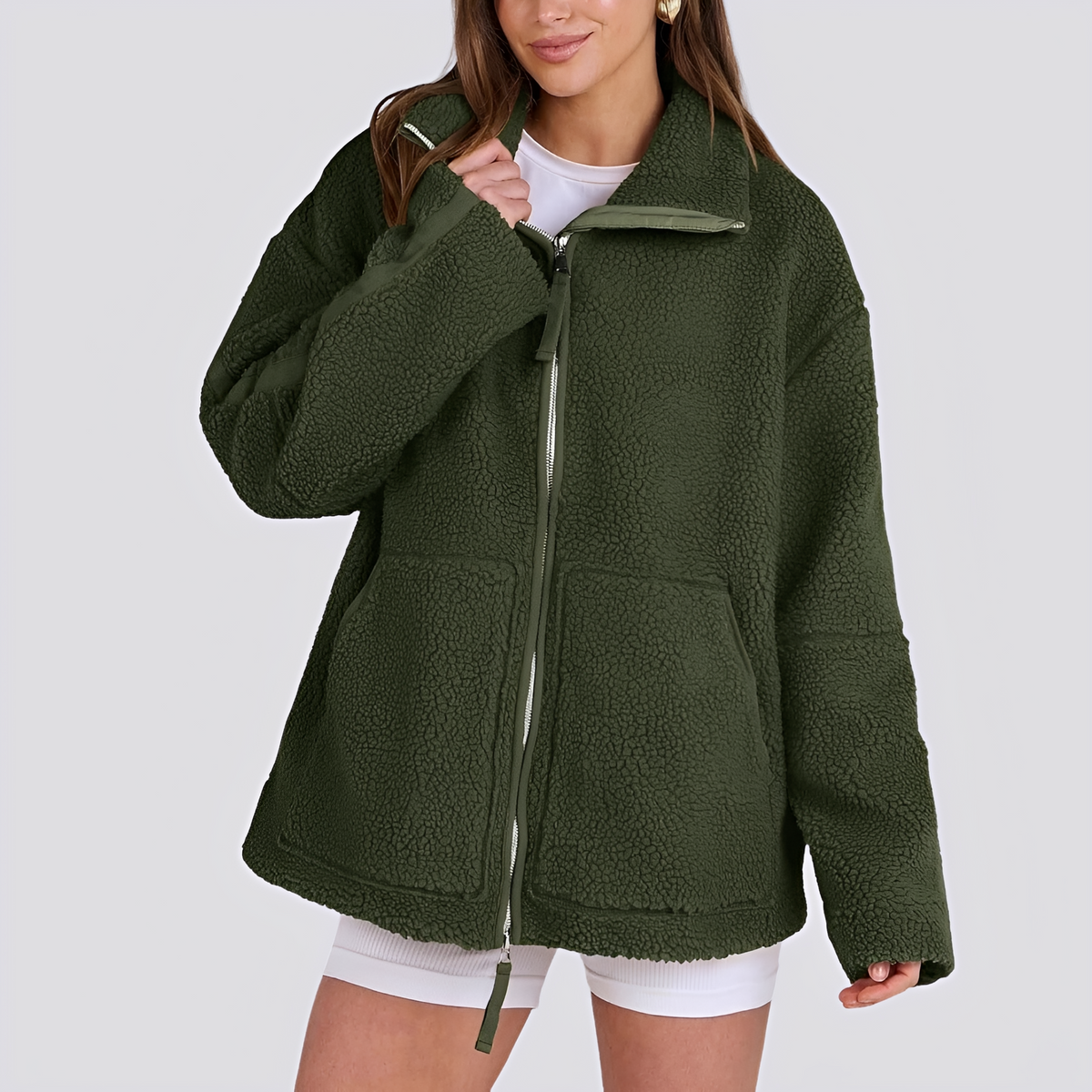 Chaqueta teddy para mujer de corte oversize con cierre de cremallera y bolsillos