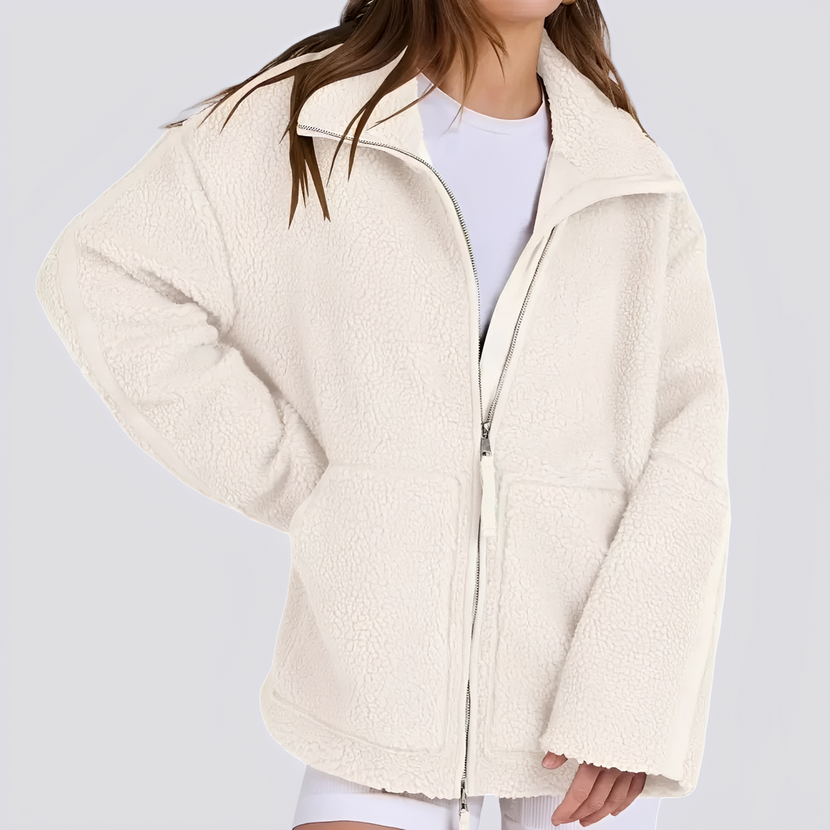 Chaqueta teddy para mujer de corte oversize con cierre de cremallera y bolsillos