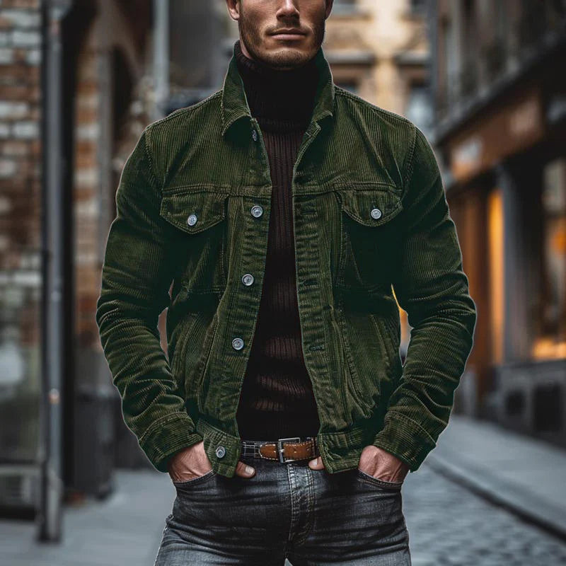 Chaqueta vintage para hombre con cierre de botones, bolsillos en el pecho y corte ajustado