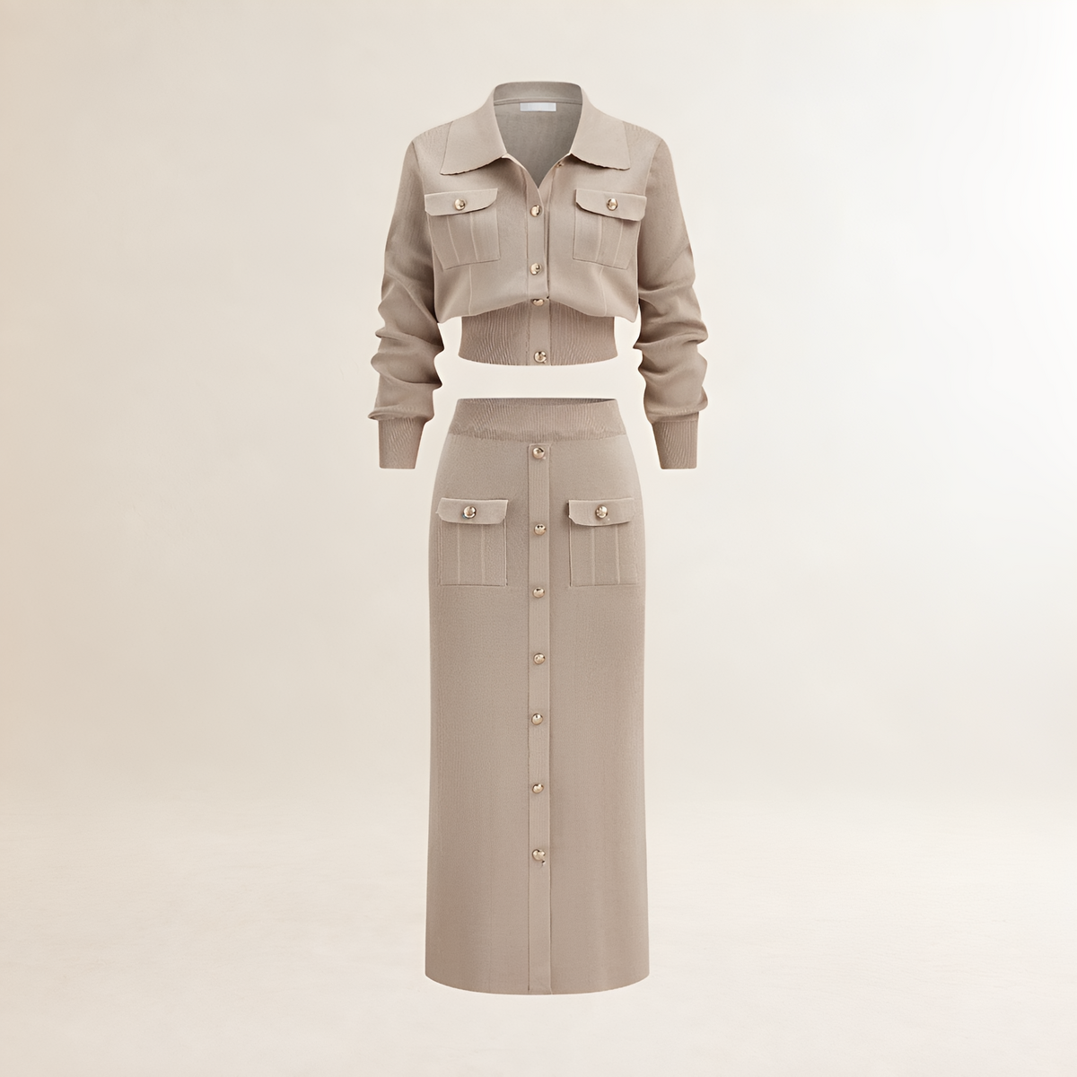 Conjunto de suéter y falda midi para mujer chaqueta con botones y bolsillos