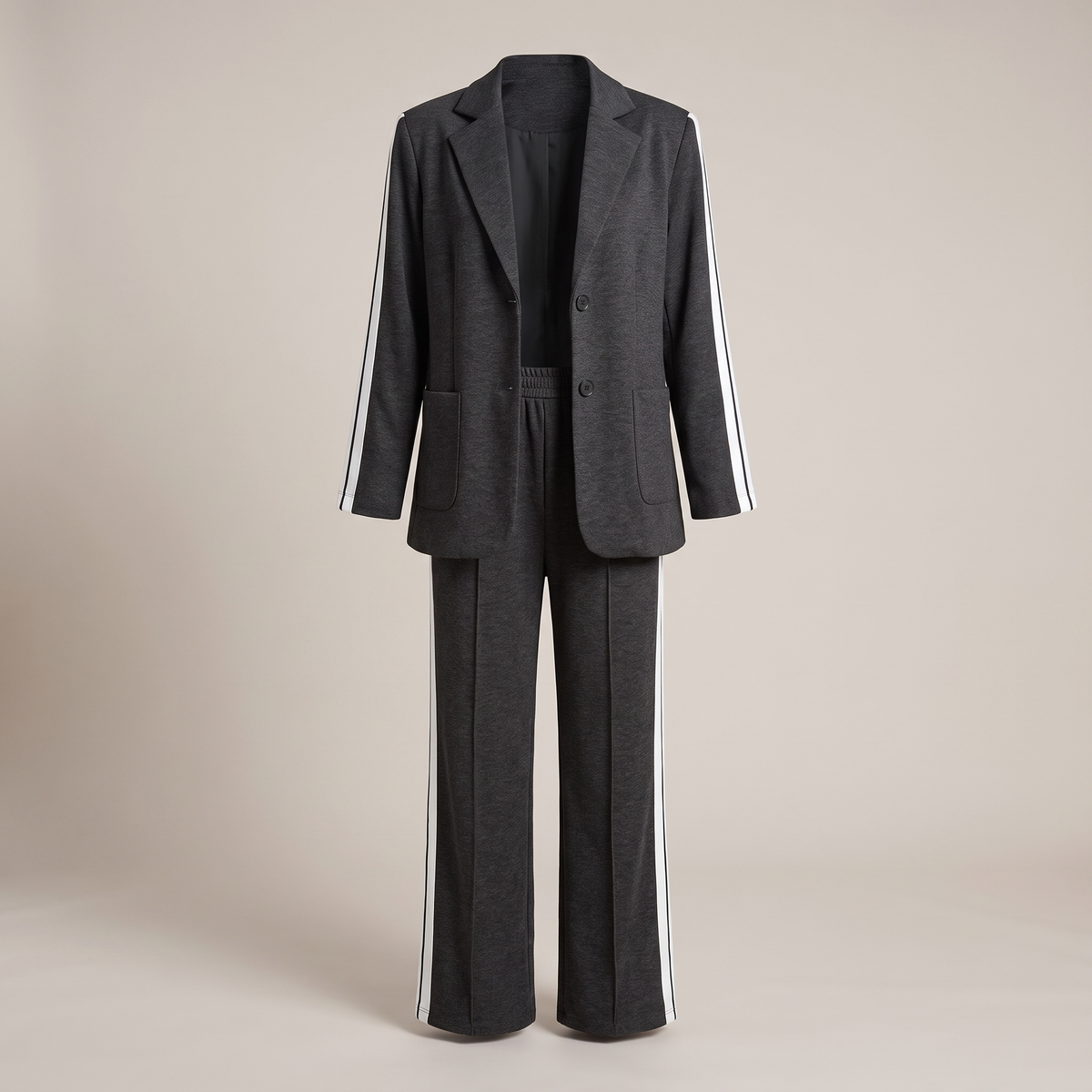 Conjunto de traje casual para mujer con blazer y pantalones de pierna ancha con rayas laterales