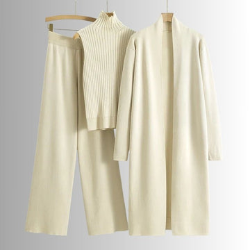 Conjunto de tres piezas para mujer de top de canalé de corte relajado, pantalones de pierna ancha y capa exterior