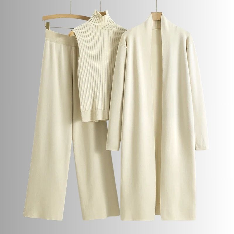 Conjunto de tres piezas para mujer de top de canalé de corte relajado, pantalones de pierna ancha y capa exterior
