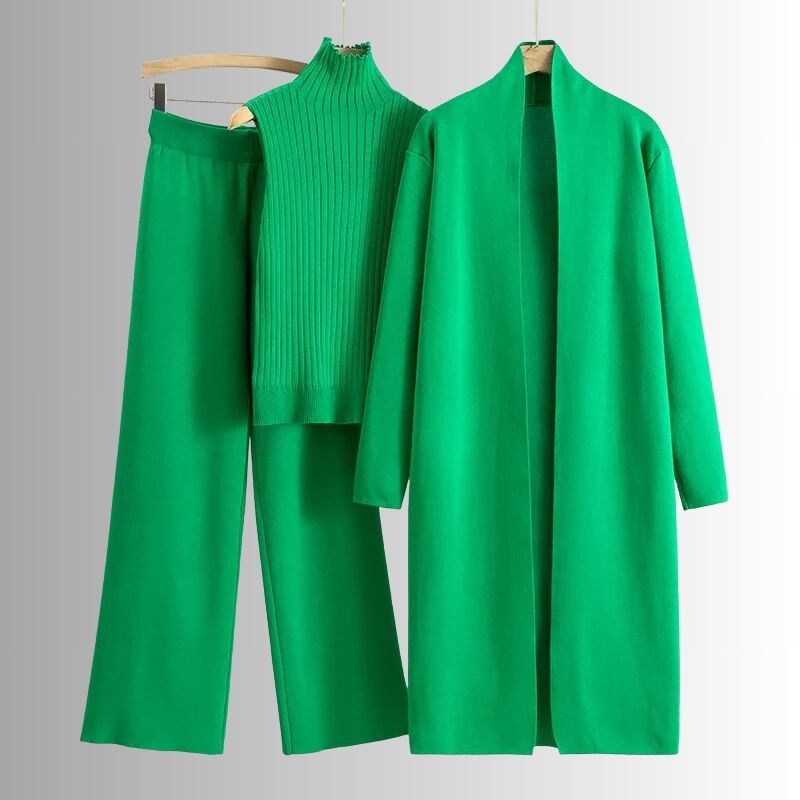 Conjunto de tres piezas para mujer de top de canalé de corte relajado, pantalones de pierna ancha y capa exterior