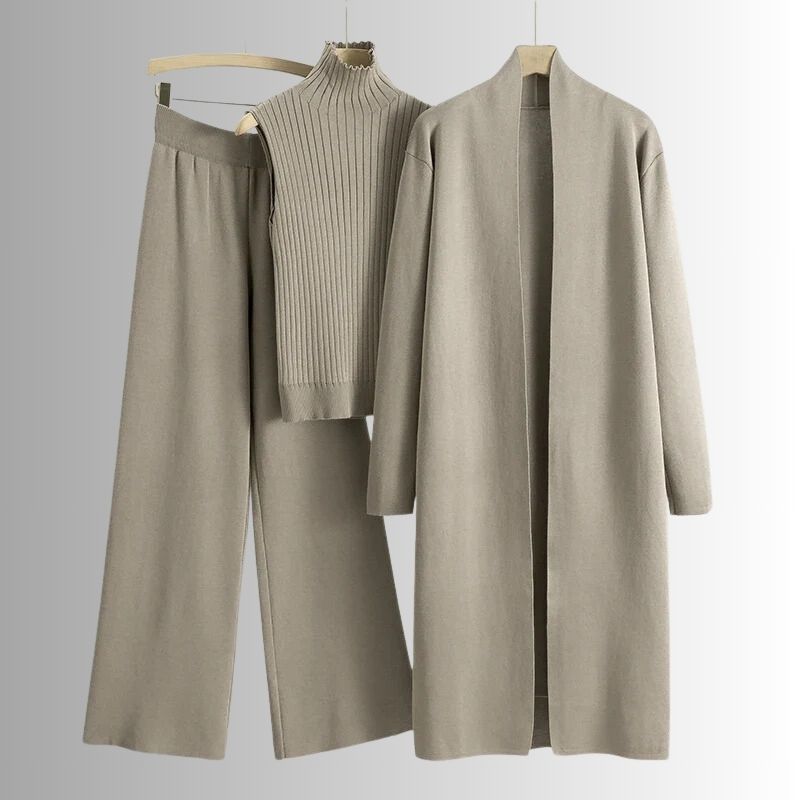 Conjunto de tres piezas para mujer de top de canalé de corte relajado, pantalones de pierna ancha y capa exterior