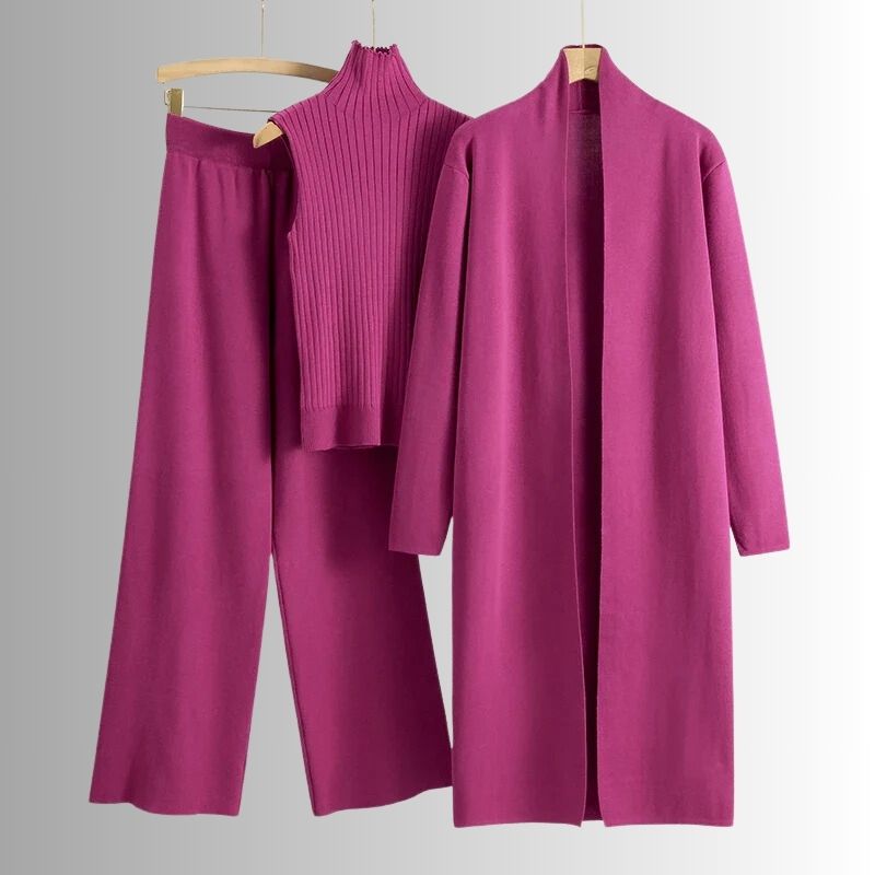 Conjunto de tres piezas para mujer de top de canalé de corte relajado, pantalones de pierna ancha y capa exterior
