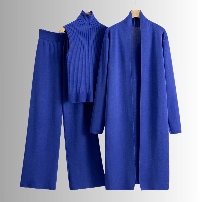 Conjunto de tres piezas para mujer de top de canalé de corte relajado, pantalones de pierna ancha y capa exterior