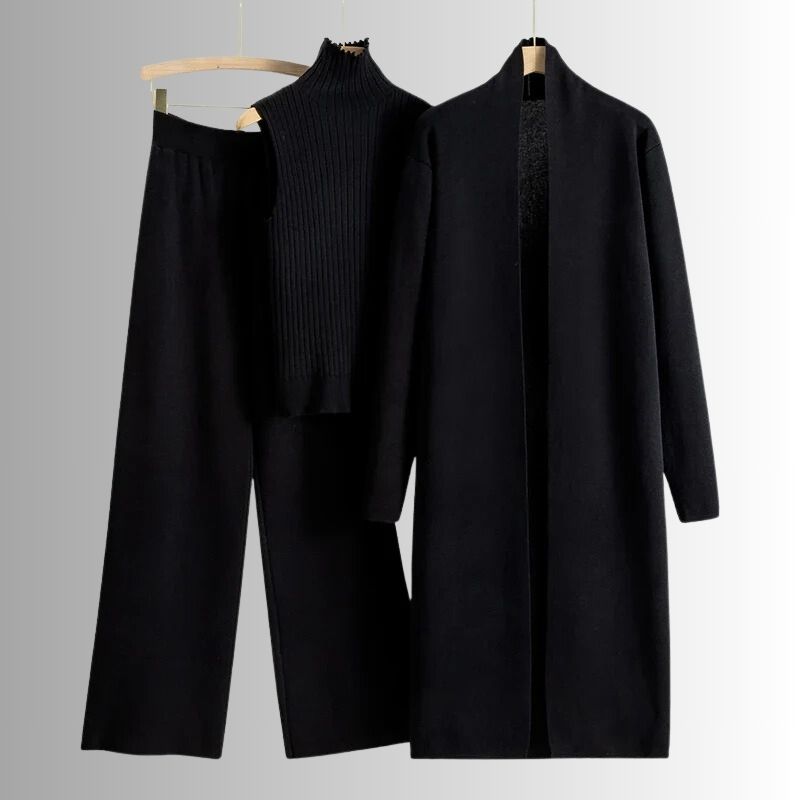 Conjunto de tres piezas para mujer de top de canalé de corte relajado, pantalones de pierna ancha y capa exterior