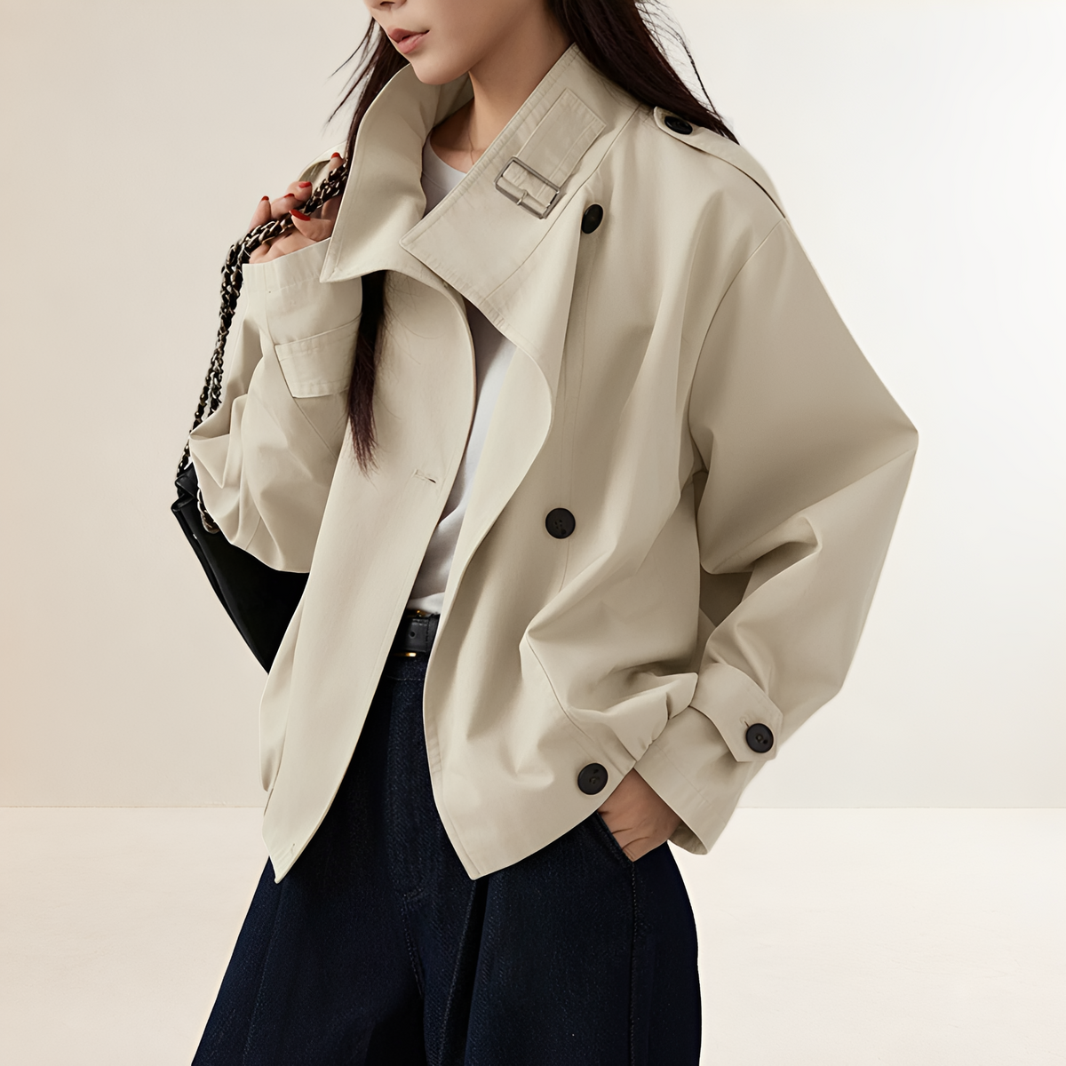 Gabardina mujer oversize con doble botonadura y mangas largas