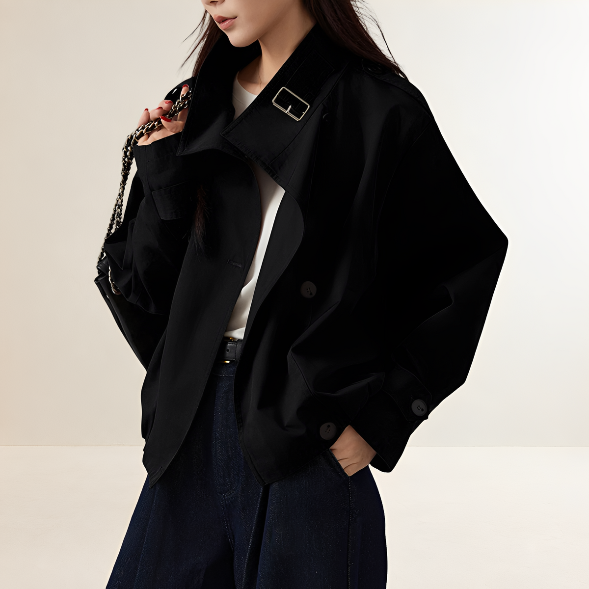 Gabardina mujer oversize con doble botonadura y mangas largas