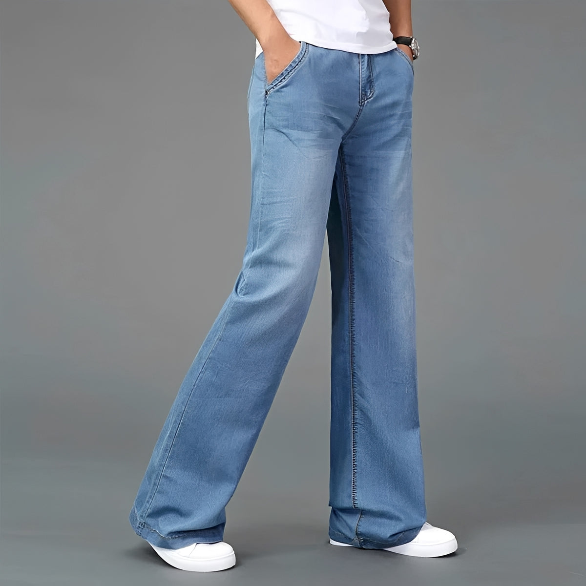 Jeans de corte bootcut para hombre con pernera acampanada y múltiples bolsillos - corte relajado