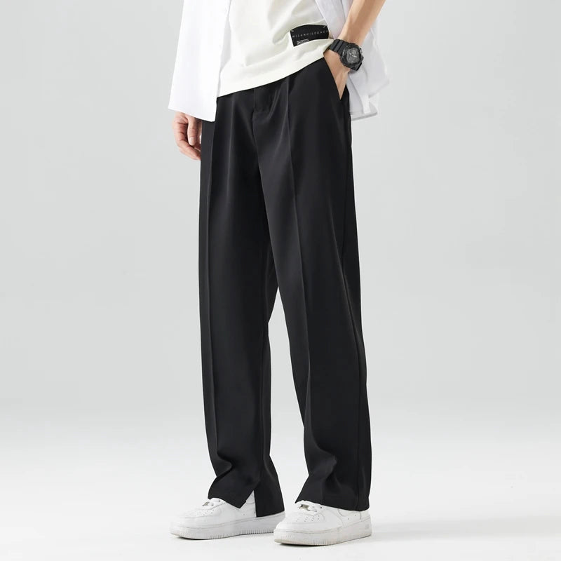 Pantalones de corte ancho para hombre con bolsillos laterales y cintura con botón