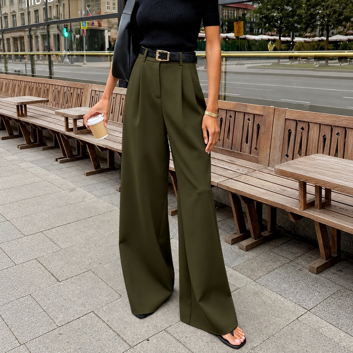 Pantalones de mujer de pierna ancha de tiro alto con pliegues y corte recto