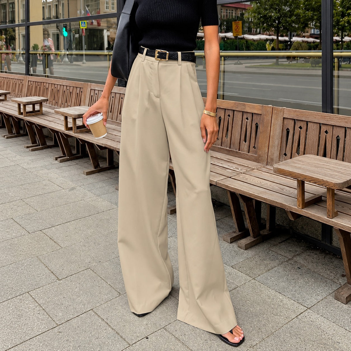 Pantalones de mujer de pierna ancha de tiro alto con pliegues y corte recto
