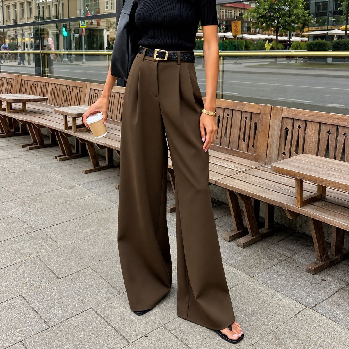 Pantalones de mujer de pierna ancha de tiro alto con pliegues y corte recto