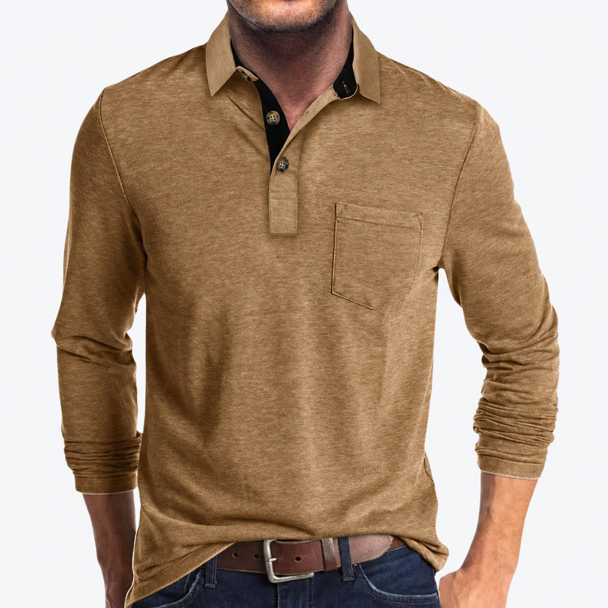 Polo de hombre de manga larga con bolsillo y cuello clásico con botones