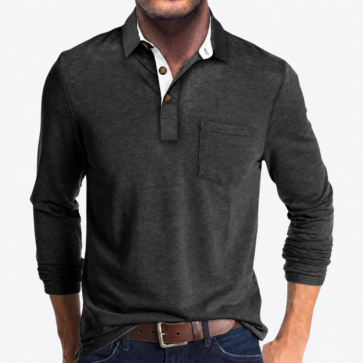 Polo de hombre de manga larga con bolsillo y cuello clásico con botones