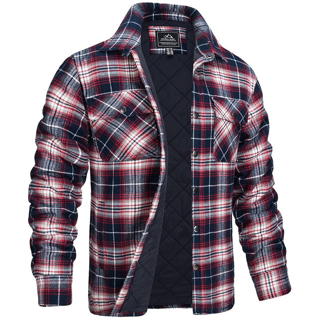 Sobrecamisa de cuadros para hombre con forro, bolsillos en el pecho y cuello abotonado, ideal para uso casual y actividades al aire libre.