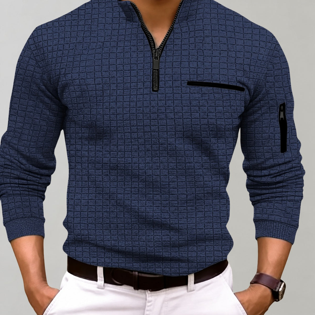 Sudadera con cremallera para hombre con cuello alto y bolsillo en el pecho