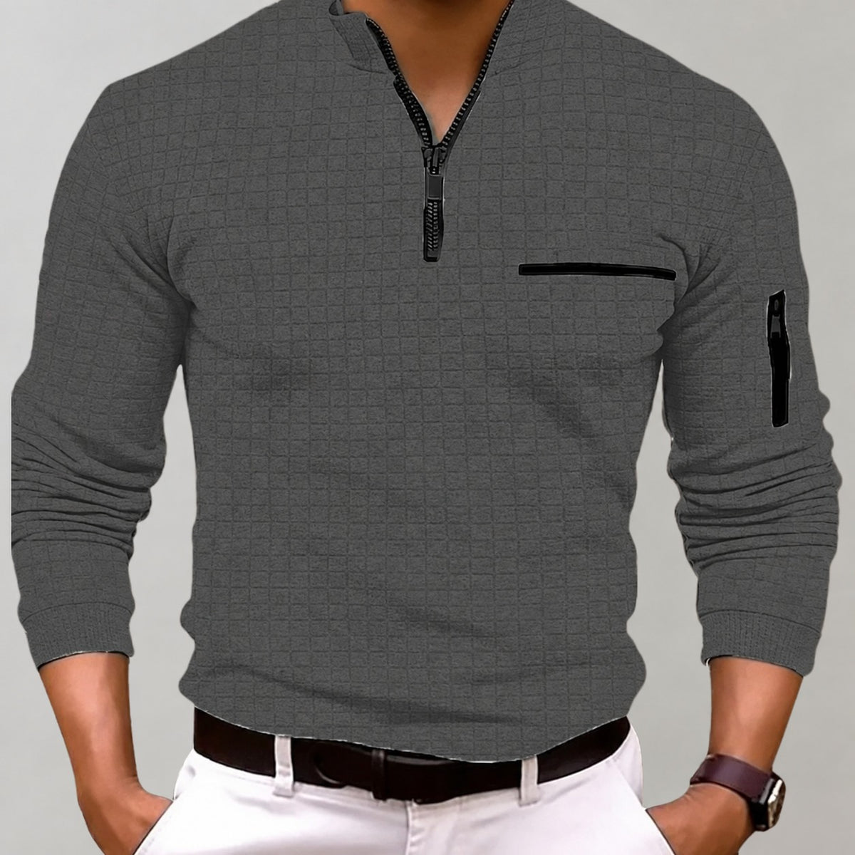 Sudadera con cremallera para hombre con cuello alto y bolsillo en el pecho