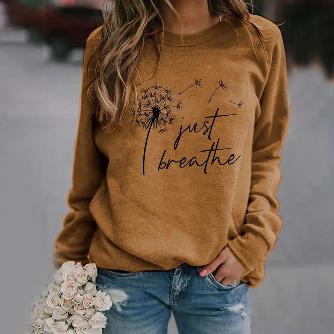 Sudadera para mujer con cuello redondo y manga larga con estampado 'Just Breathe' de diseño relajado