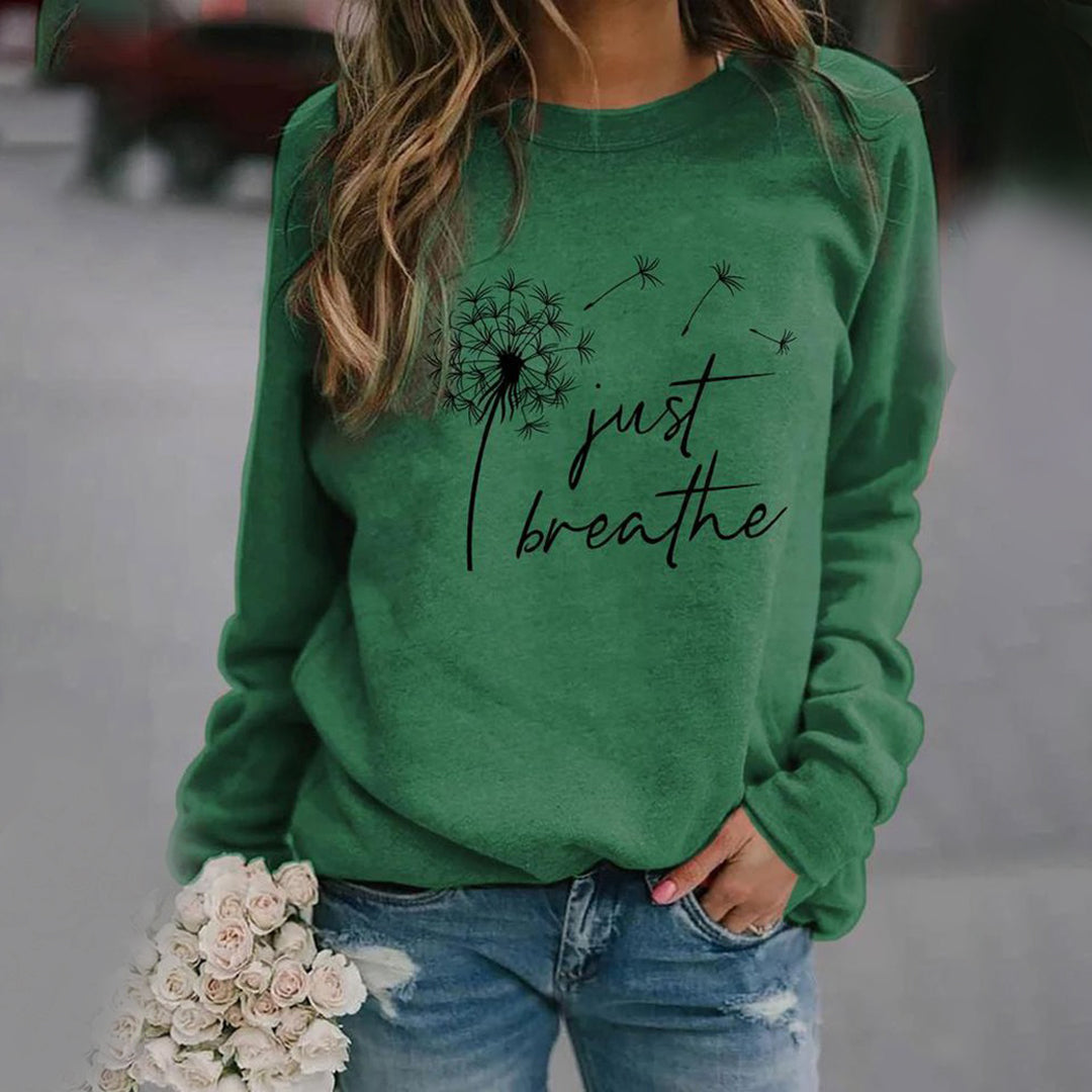 Sudadera para mujer con cuello redondo y manga larga con estampado 'Just Breathe' de diseño relajado