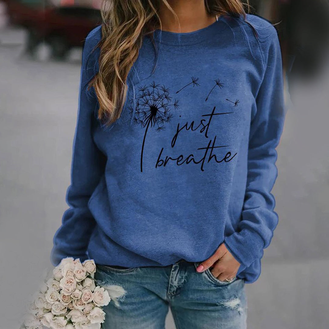 Sudadera para mujer con cuello redondo y manga larga con estampado 'Just Breathe' de diseño relajado