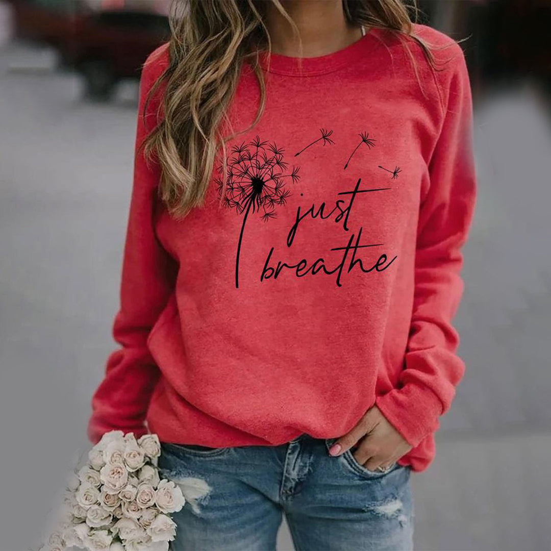 Sudadera para mujer con cuello redondo y manga larga con estampado 'Just Breathe' de diseño relajado