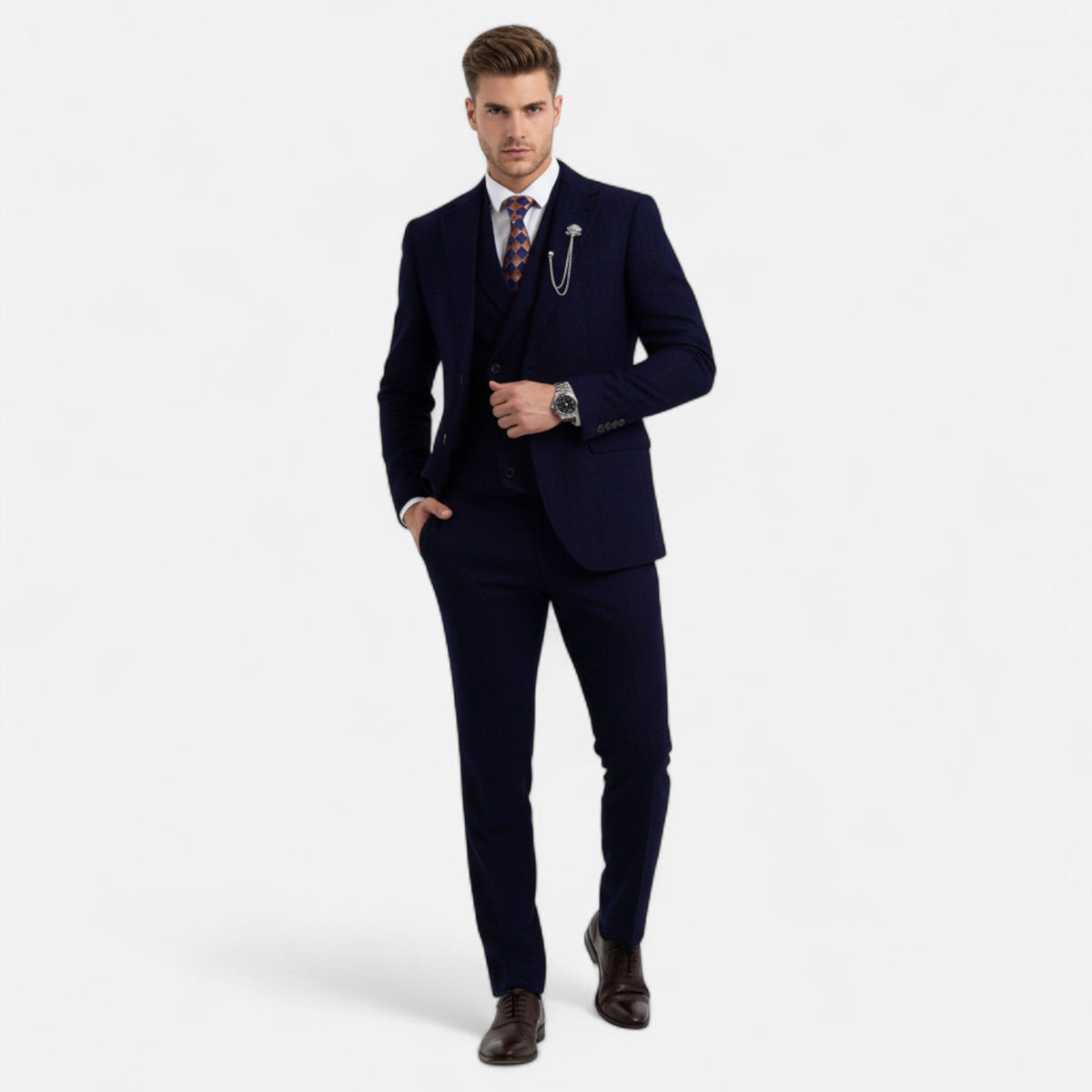 Traje de tres piezas para hombre con diseño de espiga y corte ajustado