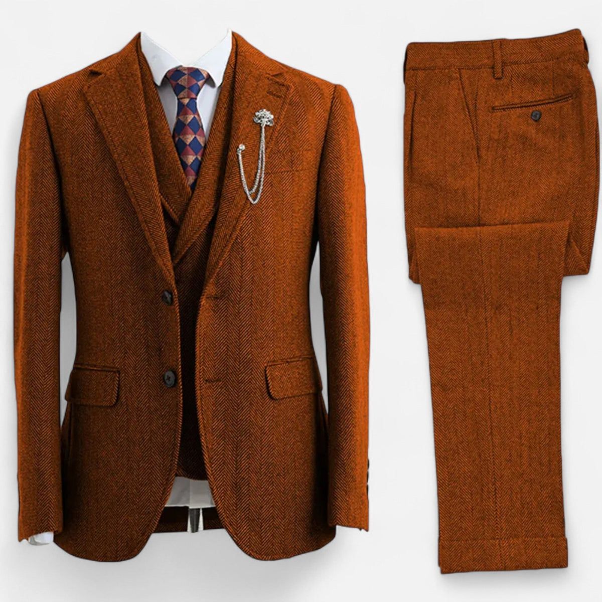 Traje de tres piezas para hombre con diseño de espiga y corte ajustado