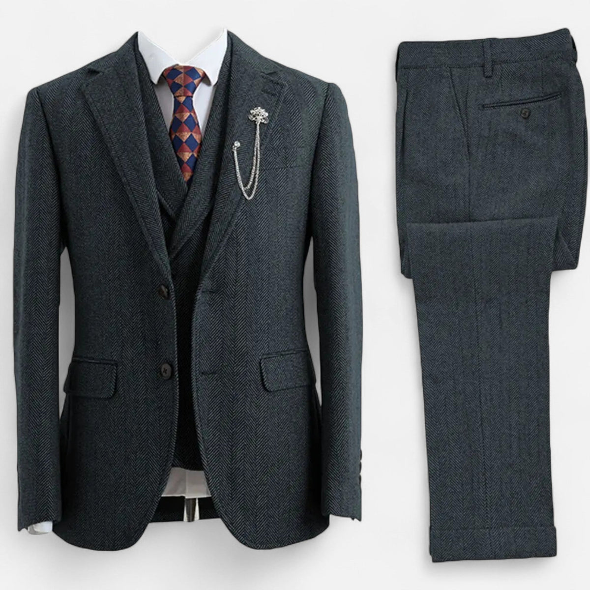Traje de tres piezas para hombre con diseño de espiga y corte ajustado