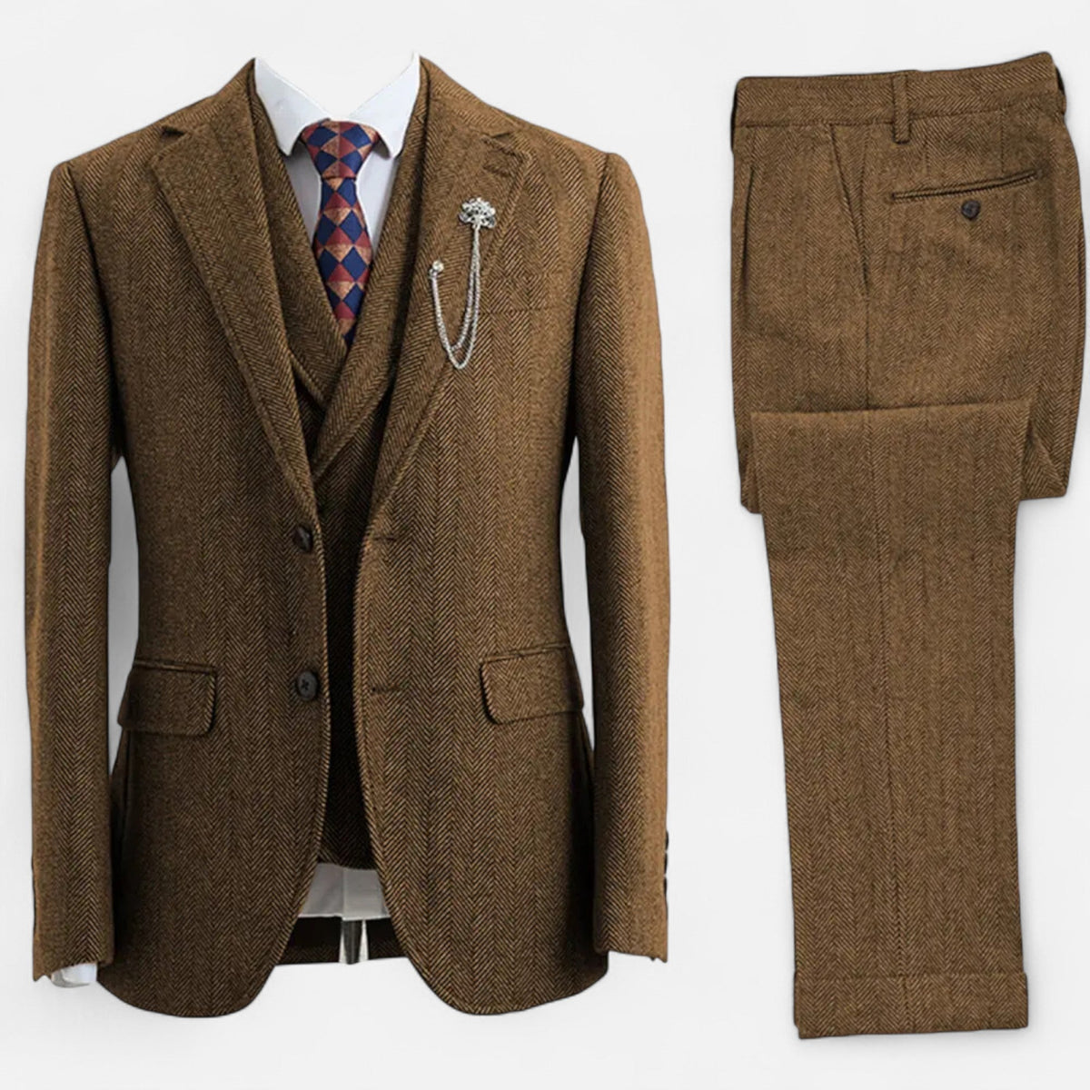 Traje de tres piezas para hombre con diseño de espiga y corte ajustado