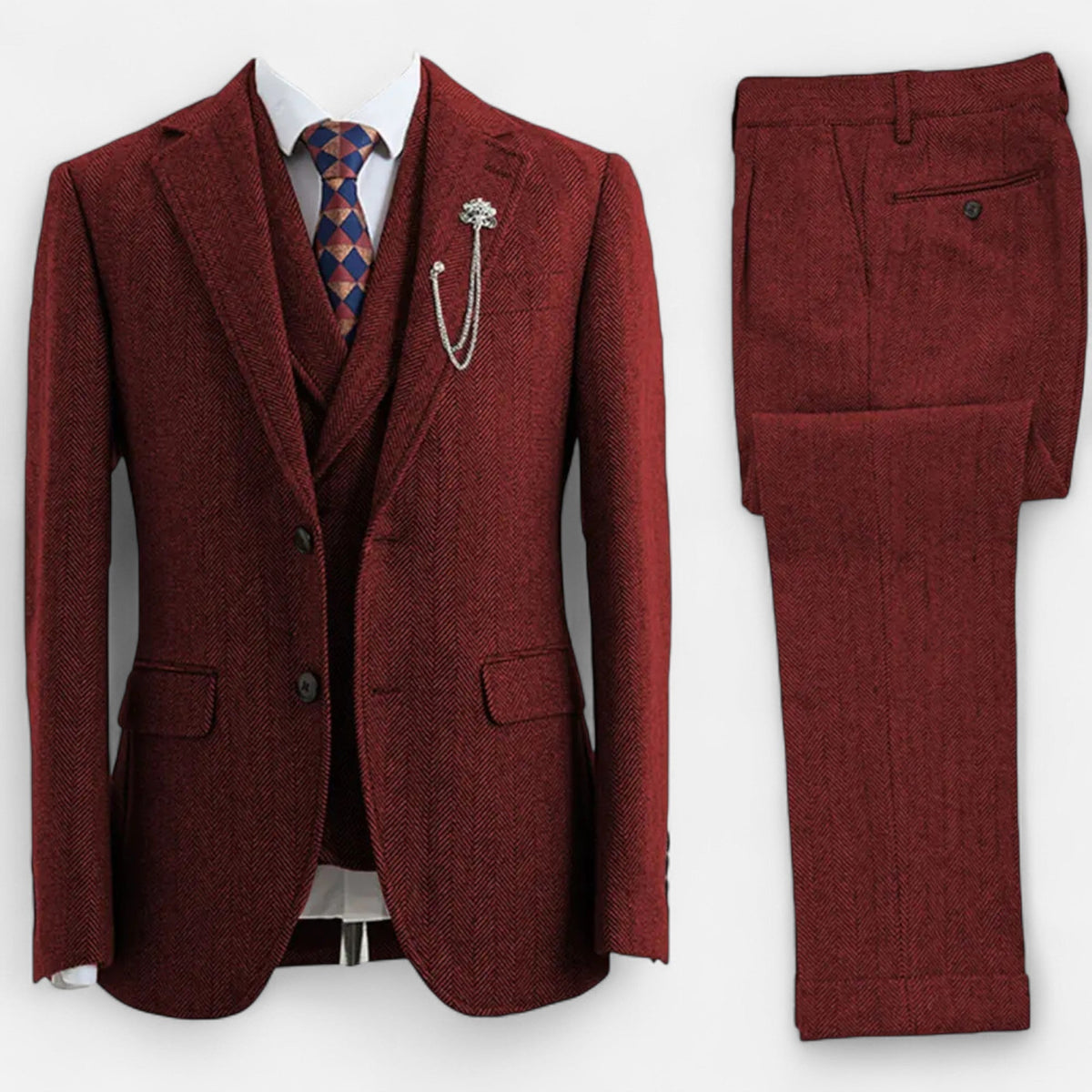 Traje de tres piezas para hombre con diseño de espiga y corte ajustado